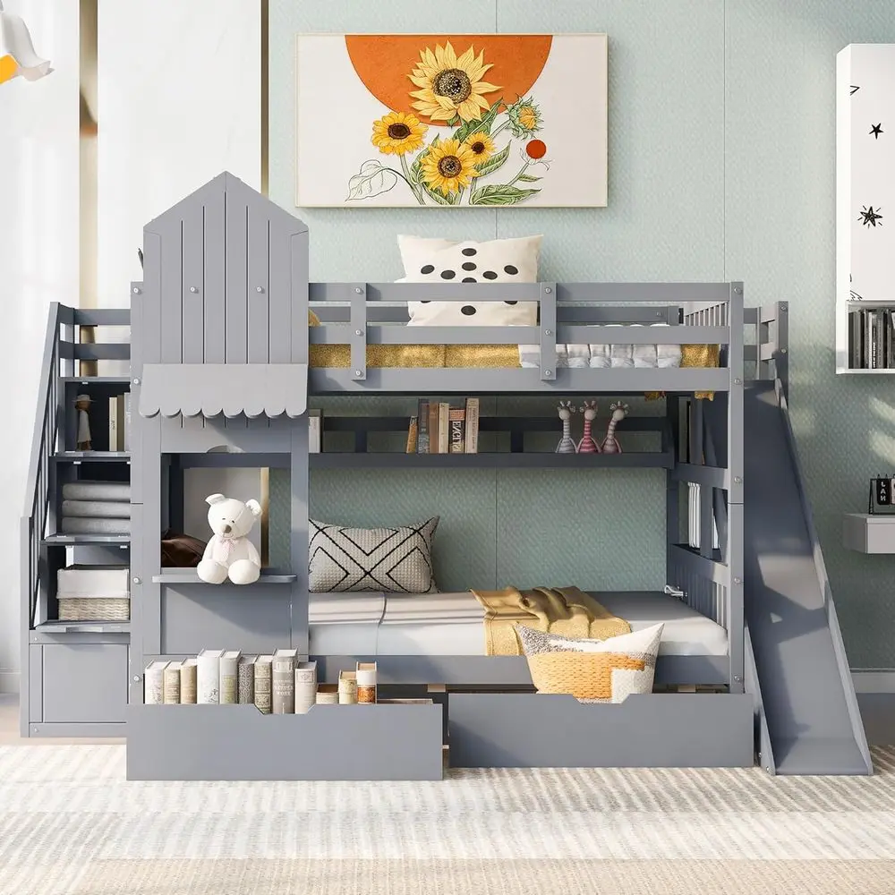 Bunk Bed With Stairs And Slide - Cama Beliche de Tamanho Completo com