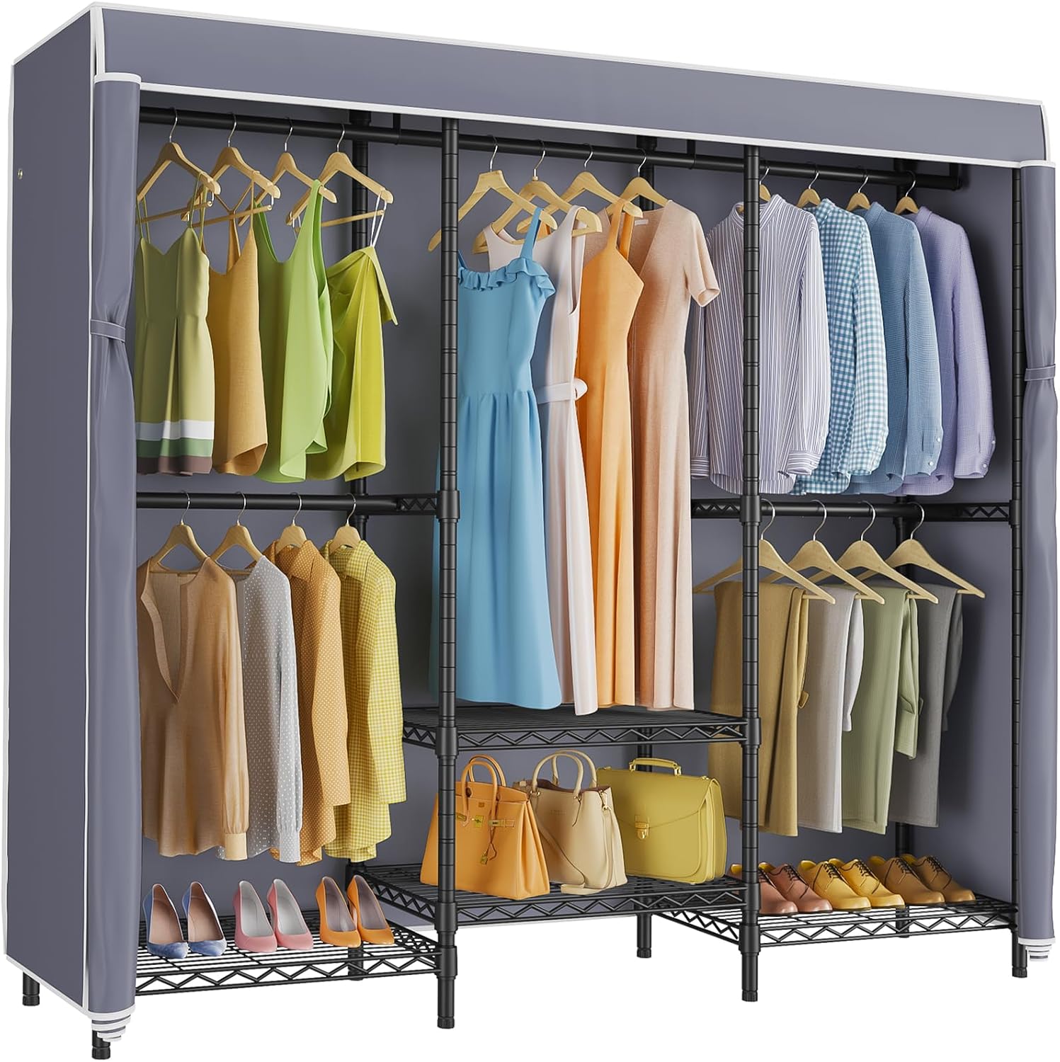 Wardrobe Closet Portable Fabric Cover - Cabideiro Coberto com Prateleiras Ajustáveis, Sistema