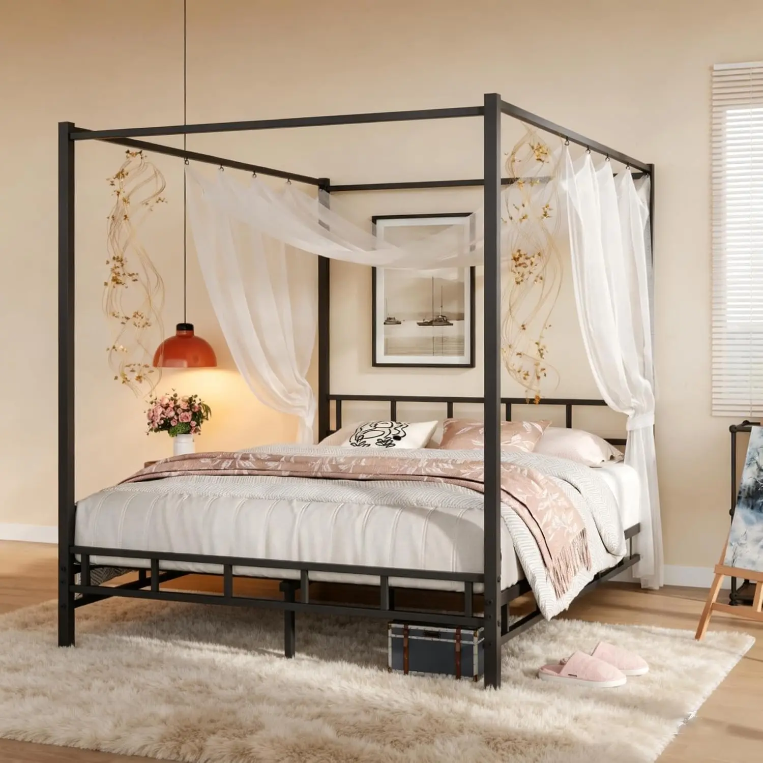 Canopy Bed Frame Metal Queen - Estrutura de Cama com Dossel de