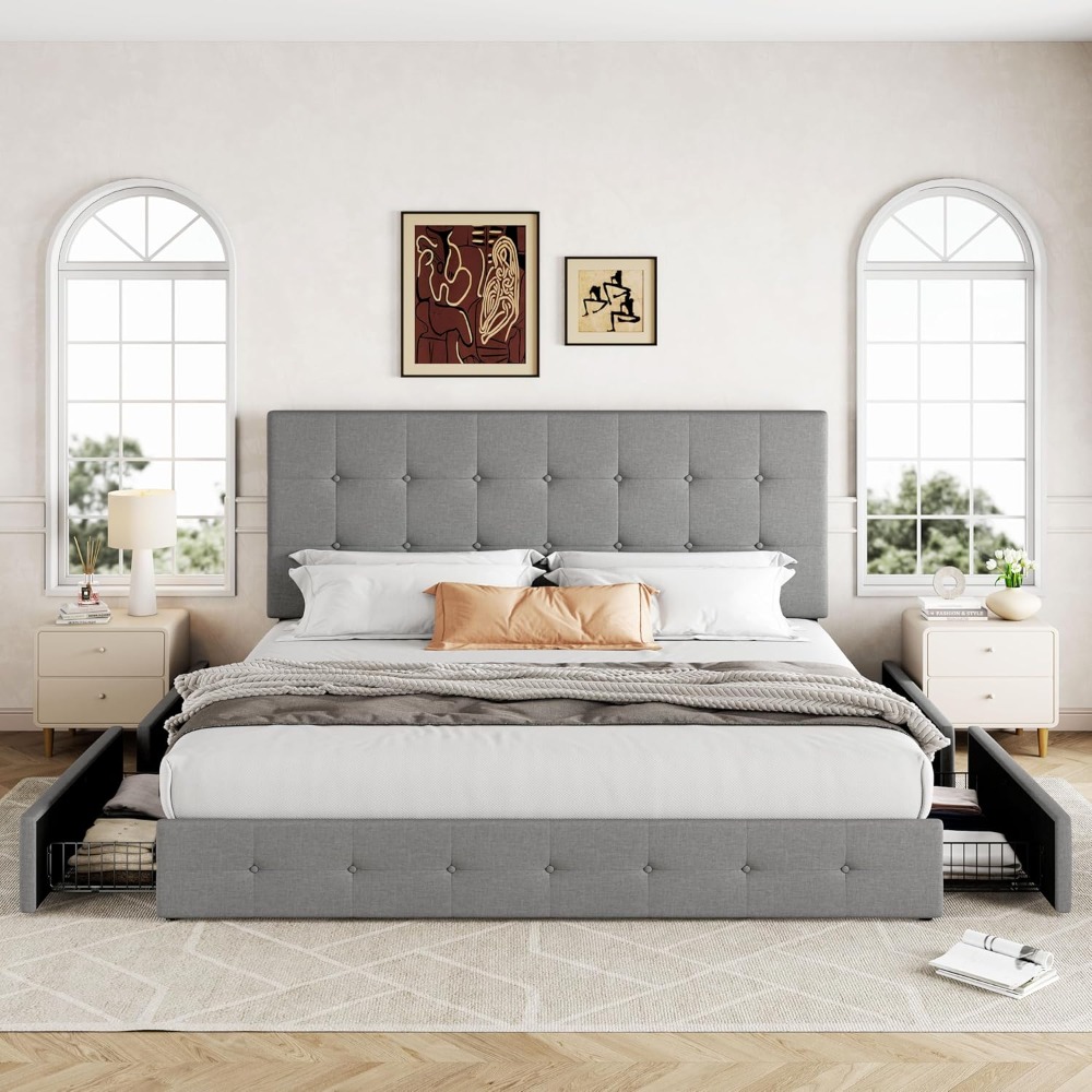 King Size Bed Frame With Storage Drawers - Cama Plataforma King Size com Gavetas