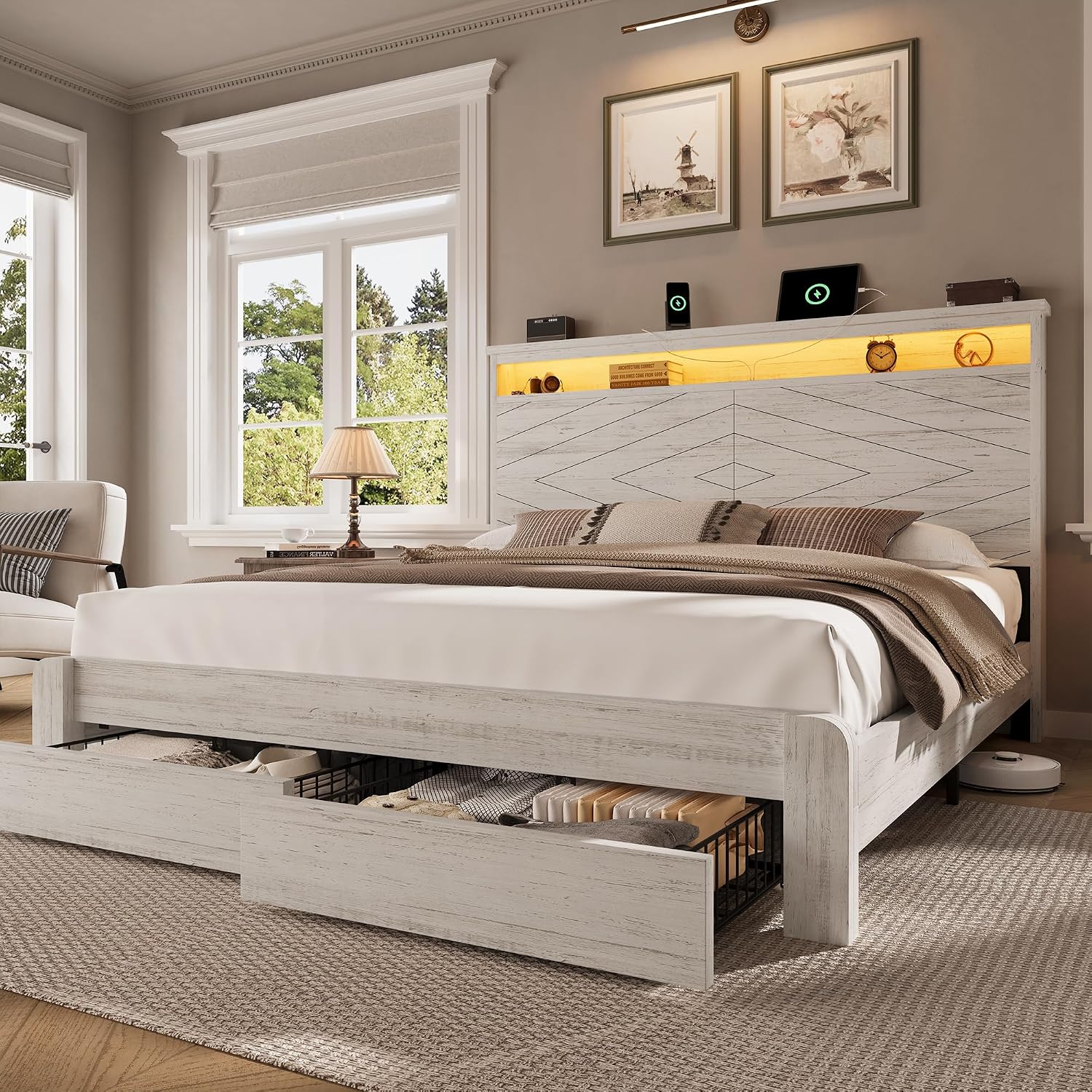King Size Bed Frame With Storage Drawers - Cama de Plataforma de Madeira King