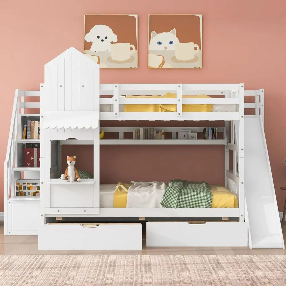Bunk Bed With Stairs And Slide - Cama Beliche Branca para Crianças com