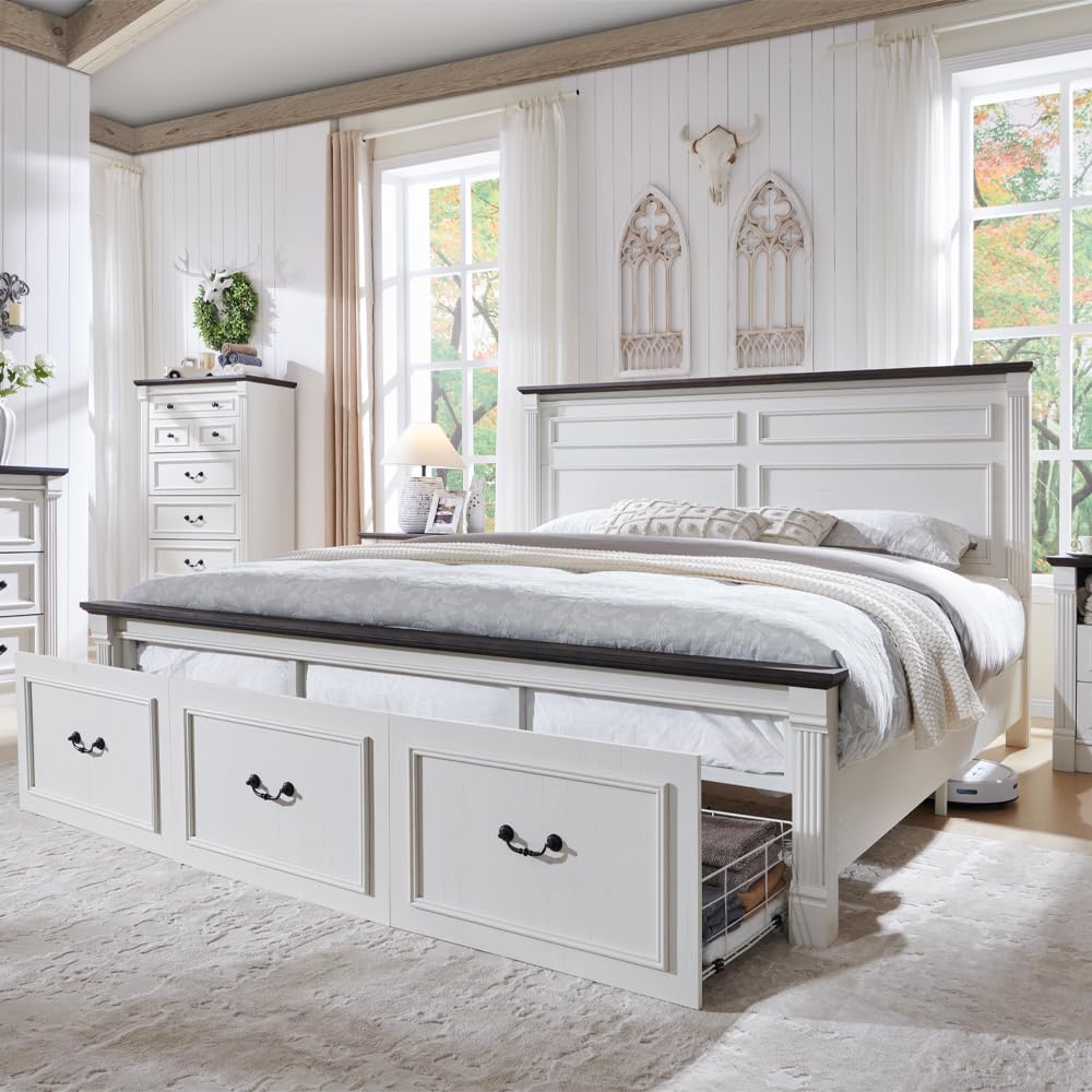 Cama King Size Estilo Fazenda  - King Size Bed Frame With Storage Drawers avaliação e preço