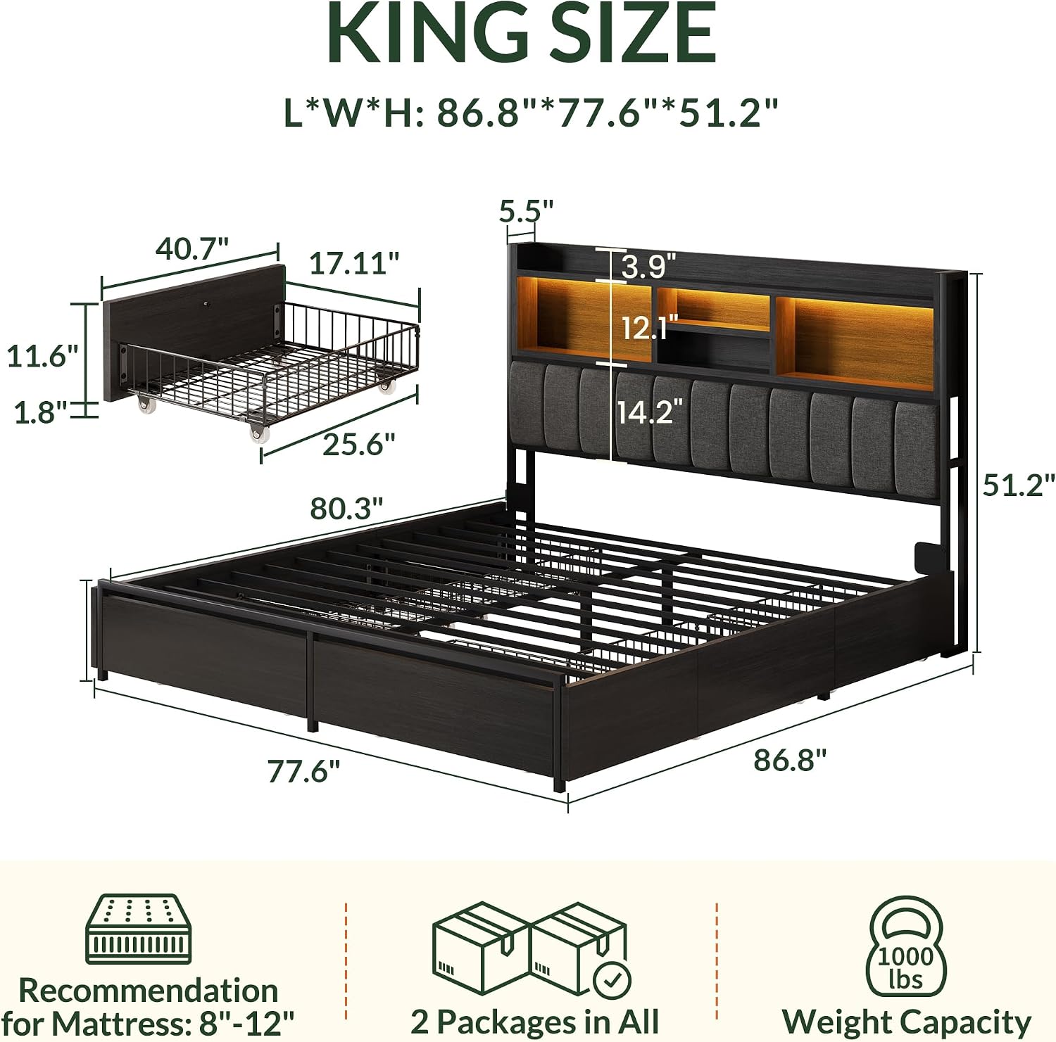 Estrutura de Cama King com 6 G - King Size Bed Frame With Storage Drawers avaliação e preço