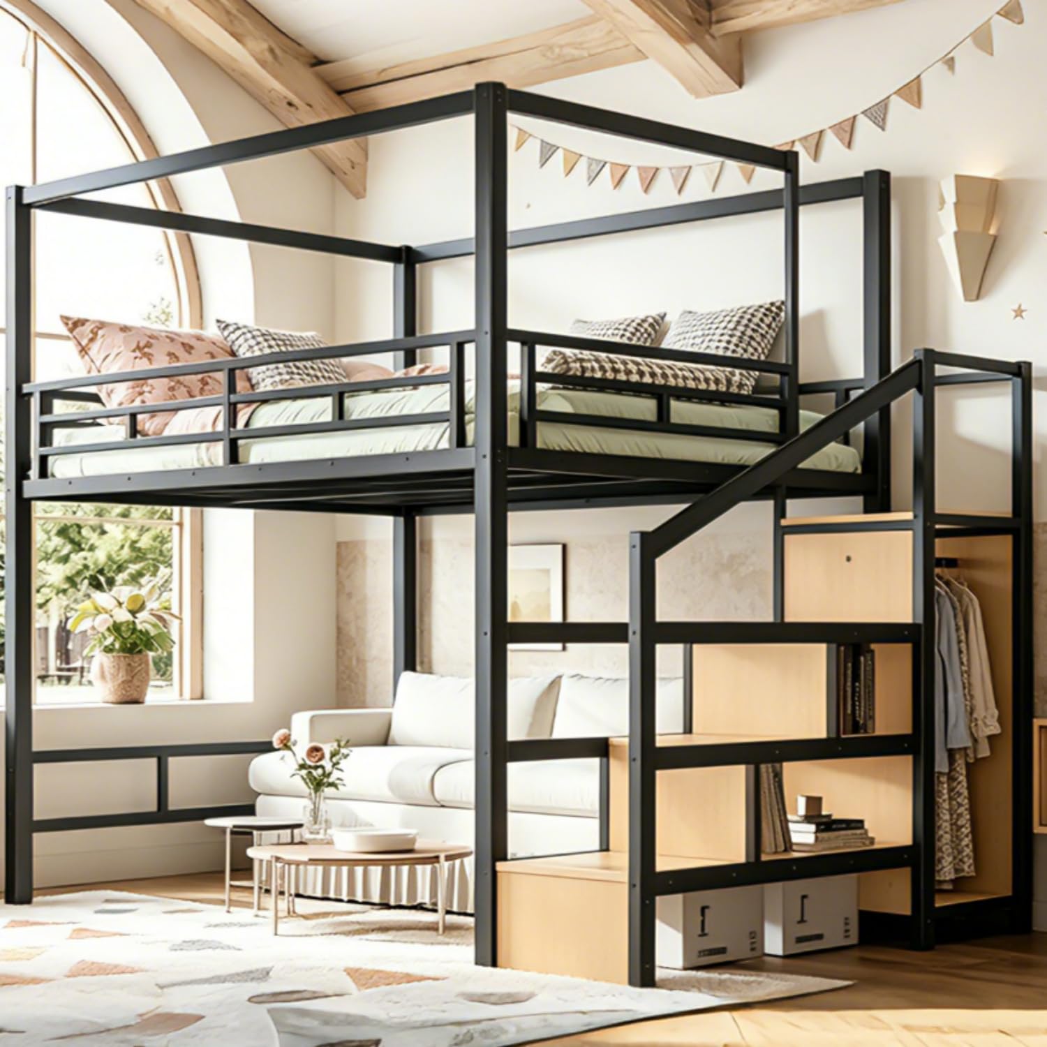 Cama alta Queen com escadas de - Canopy Bed Frame Metal Queen avaliação e preço